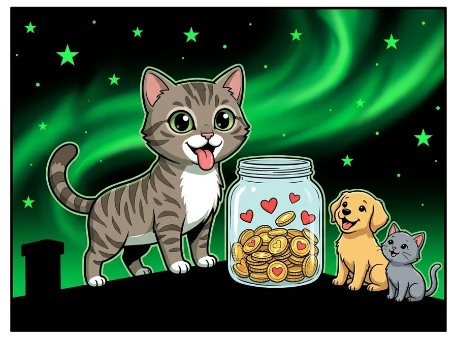 Bub next to a donation jar full of coins and hearts, with a grateful puppy and kitten